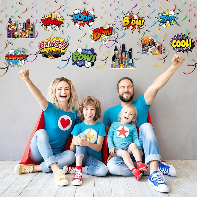 Sumind 54 Pcs Hero Themed Hanging Swirls Hero Action Sign Foil Ceiling Streams Party Banner Decoration for Kids Baby Shower Celebrating Events Birthday Party Supplies Room Wall Decor(Cute)