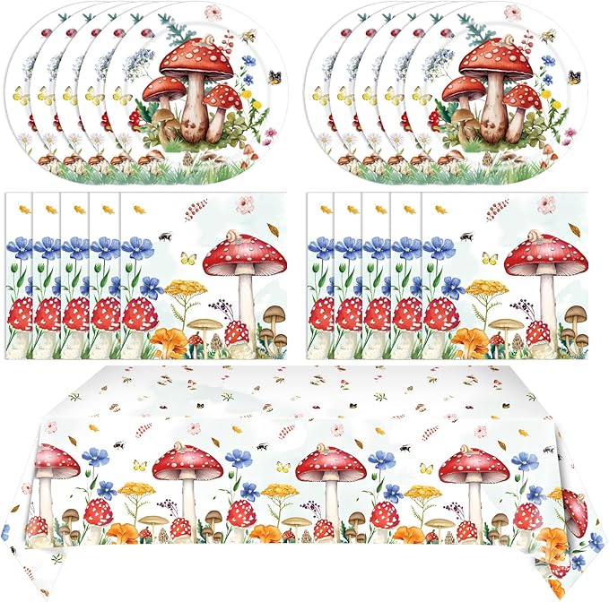 41Pcs Mushroom Birthday Decorations Enchanted Forest Party Tableware Set Wonderland Wildflower Mushroom Paper Plates Napkins Tablecloth丨Baby Shower Fairy Tale Party Cottagecore Party Decor,Serve 20