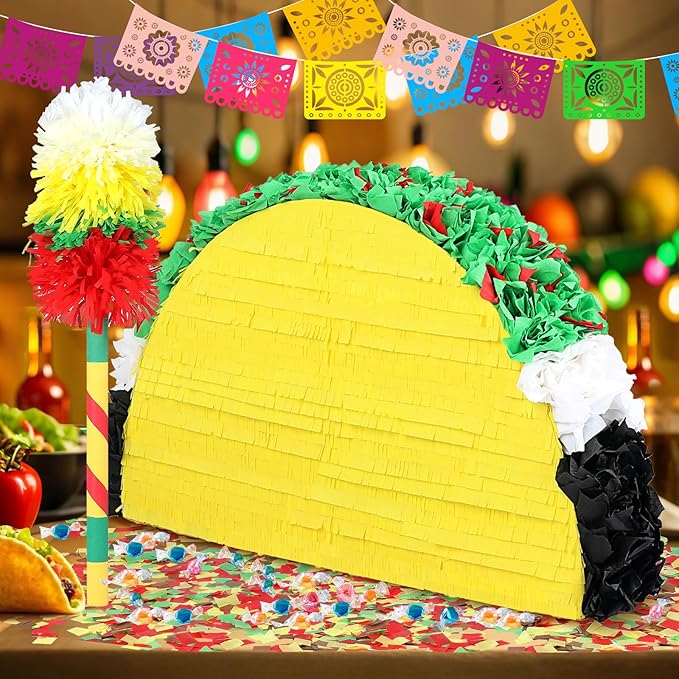 27" Taco Pinata Party Supplies - Large Paper Mache Taco Figurine for Fiesta, Cinco De Mayo, Birthday & Taco Two-Tuesday - Mexican Theme Centerpiece & Interactive Game for Candy & Fillers