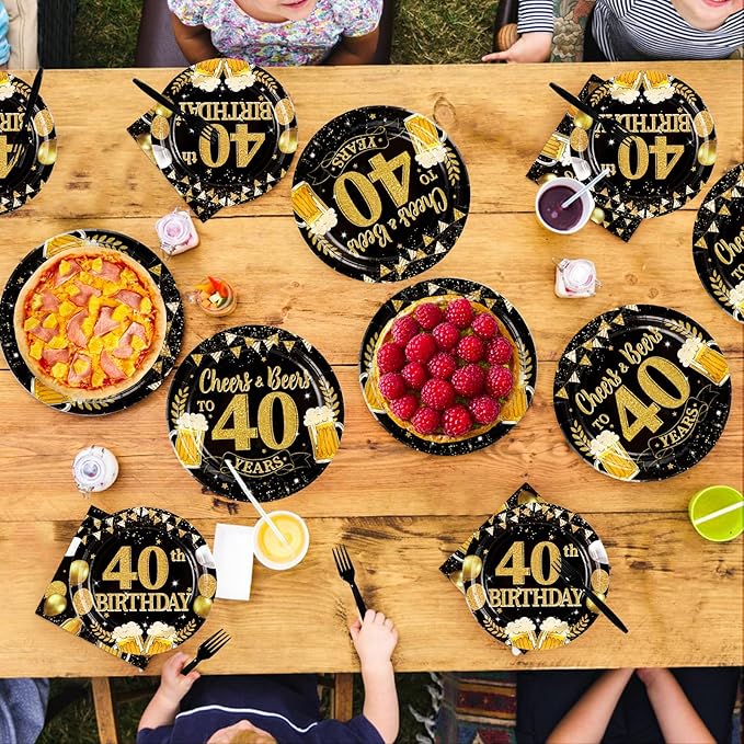 96Pcs 40th Birthday Party Supplies Black Gold Plates and Napkins Tableware Sets Cheers and Beers to 40 Years Decorations Favors for Men Women 40 Years Old Birthday Dinner Holiday Party Serves 24