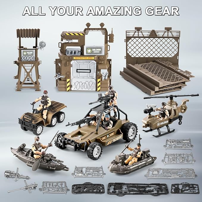86-In-1 Army Men Toys for Boys 4-7 6-8 8-12, Military Base/Truck/Kayak Boat/Motorcycle/Helicopter/Army Men Action Figures/ Weapon Gear Accessories, Military Combat Toys Kids Boys Birthday Gifts