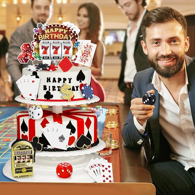 Hooqict 24 Pieces Casino Cake Decorations Set with Mini Toy Slot Machine Poker Casino Cake Toppers & Cupcake Toppers for Las Vegas Casino Night Theme Birthday Party Decorations