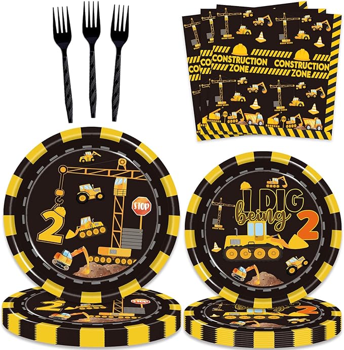 132 Pcs Construction 2nd Birthday Party Supplies Dump Truck Theme Two Tableware Includes Hanging Swirl, Banner, Plates, Cups, Tablecloth for Boys Construction Two Years Old Bday Party Decorations