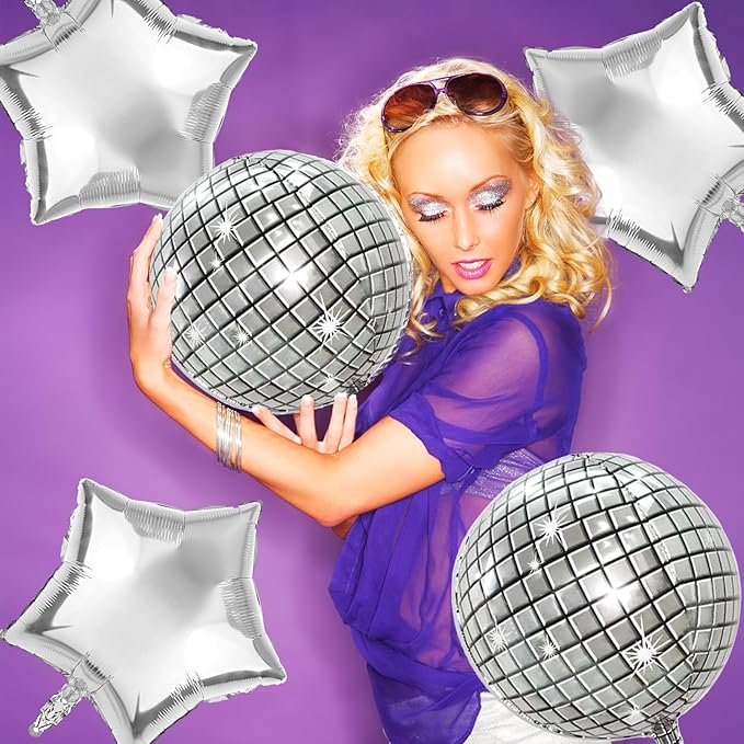 FBQ 10 Pcs Silver Disco 4D Balloons 18 Inch Star Balloons Disco Themed for 70s 80s 90s Disco Party Birthday Party Bachelorette Party Decorations Supplies