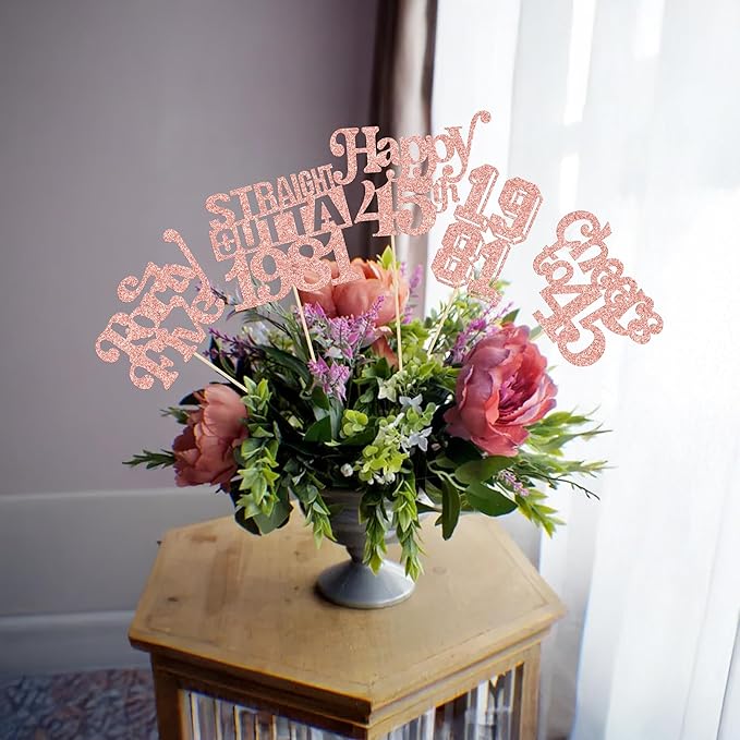Gyufise 15Pcs Happy 45th Birthday Centerpiece Sticks Forty Five Straight Outta 1981 Table Flower Centerpieces Sticks Cheers to 45 Decorations for 45th Birthday Party Supplies Rose Gold