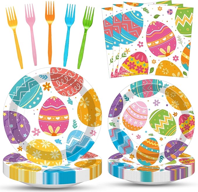 100 Pcs Easter Egg Tableware Party Supplies Set, Serves 25 – Disposable Colorful Eggs Paper Plates, Napkins, and Forks for Spring Celebration, Easter Day Egg Hunt, or Holiday Brunch Decorations