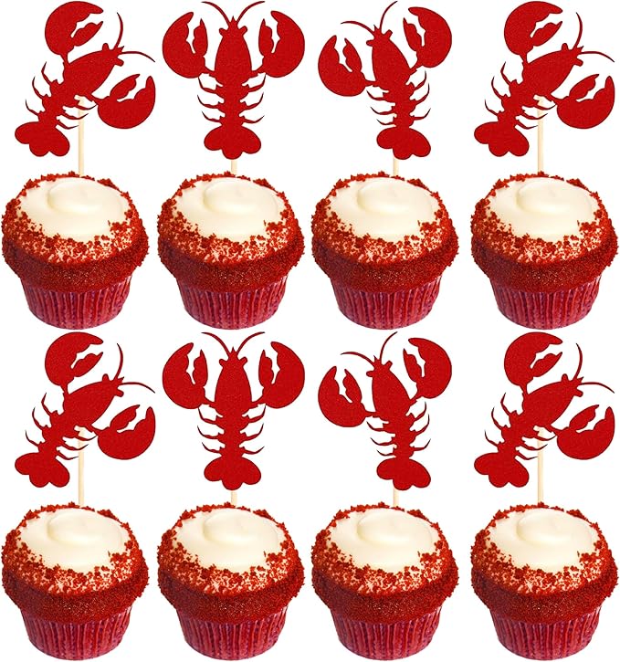 24 Pack Crawfish Cupcake Toppers Red Glitter Lobster Cupcake Food Picks Bridal Shower Bachelorette Sea Animal Theme Baby Shower Kids Birthday Party Cake Decorations Supplies Red