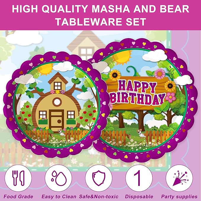 120Pcs Cartoon Bear Party Supplies,Disposable Tableware Set,Include Plates Napkins Cups Forks Cartoon Bear Themed Paper Plates Set for Birthday Serves 20