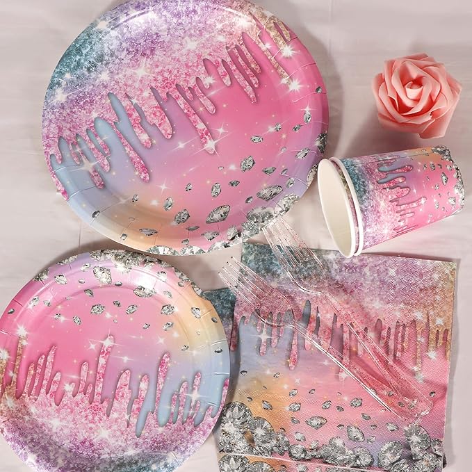 Iridescent Diamond Birthday Party Decorations, Disposable Plates, Napkin, Fork, Cup, Tablecloth, Banner for Iridescent Diamond Party Supplies Serves 24
