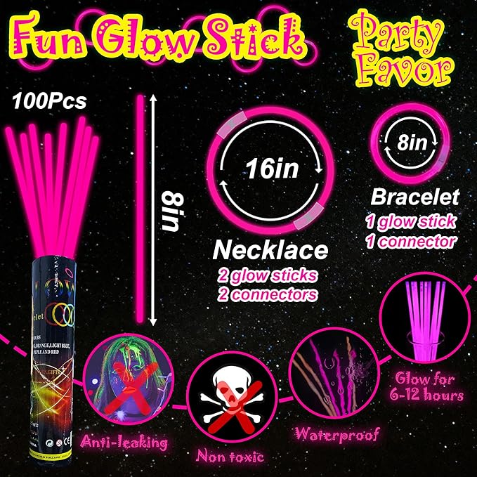 ILHSTY 100 pk 8'' Pink Glow Sticks Glow Necklaces In The Dark Party Favors Supplies Bright GlowSticks Bulk for Birthday Valentine Carnival Christmas Halloween 4th of July Neon Party (Pink*100)