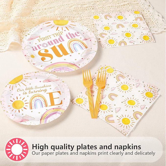 96Pcs First Trip Around The Sun Birthday Decorations for Girls Boho Sun 1st Birthday Plates and Napkins Sets Bohemian Sunshine Party Decorations for Baby Shower One Year Old Party Supplies Serves 24