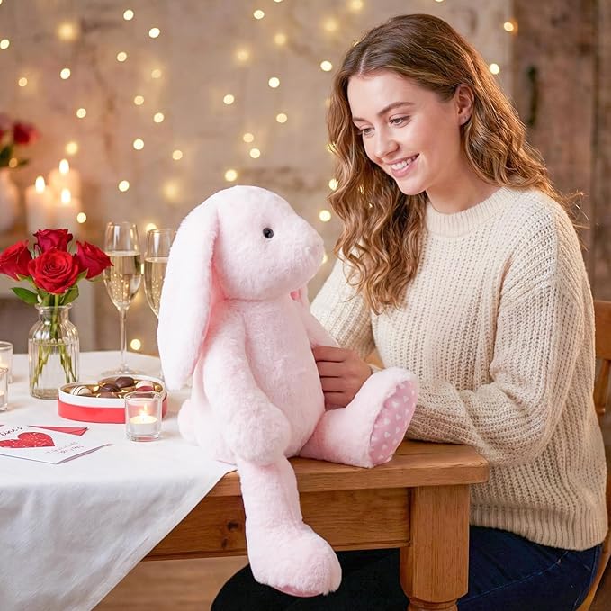 Pink Rabbit Bunny Stuffed Animal Plush Toys with Floppy Ears & Heart Print for Lover, Kids, Boys, Girls, Babies - Perfect Birthday Nursery Décor Easter Christmas Bedtime Gift