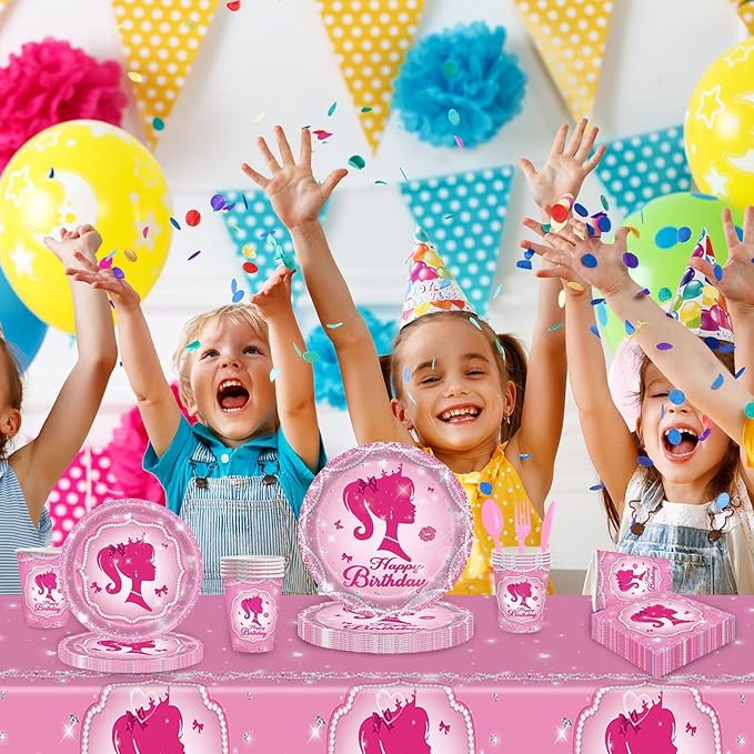170 Pcs Girl Party Plates for Princess Pink Party Decoration, Serves 24 Guests Plates and Napkins Cup Tablecloth Dinnerware for Princess Doll Theme Girl Birthday Party Tableware (24 Guests)