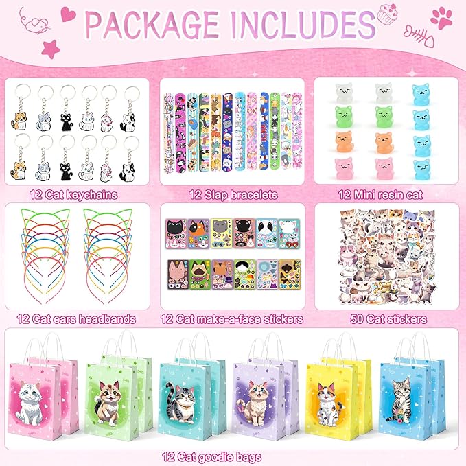 122PCS Cat Party Favors for Girls, Cat Themed Birthday Party Supplies With Goodie Bags Headband DIY Face Stickers Slap Bracelets Resin Cats, Cat Party Favors Easter Gifts Classroom Rewards for Kids
