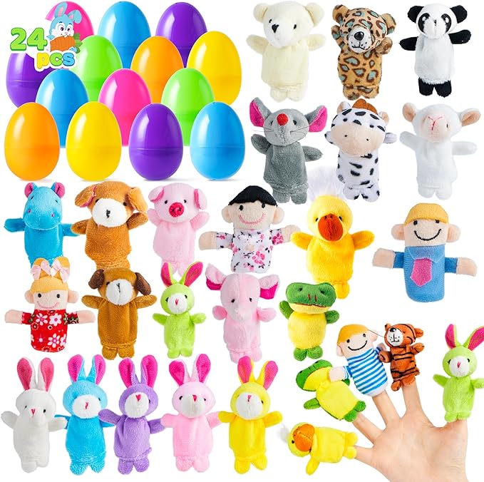 JOYIN 24 Pcs Easter Eggs Filled with Finger Puppets, Prefilled Egg with Cartoon Animal Puppets for Kids Easter Hunt, Basket Stuffers Fillers, Party Favors and Classroom Prize Supplies