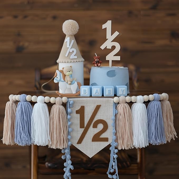 1/2 Birthday Decorations For Baby Boys 6 Months Khaki Cone Birthday Hat With Cake Topper Happy Half Year Party Photoshoot Props