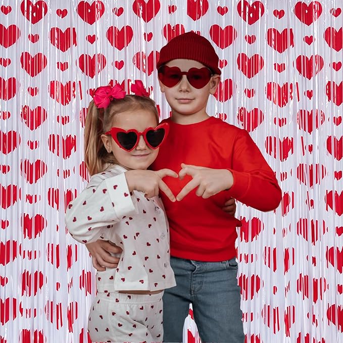 Heart Tinsel Foil Fringe Curtain, Valentines Party Decoration, 2-Pack Red Heart Shape Foil Fringe Curtain Valentines Tassel Streamer Photo Backdrop for Birthday Wedding Engagement Baby Shower