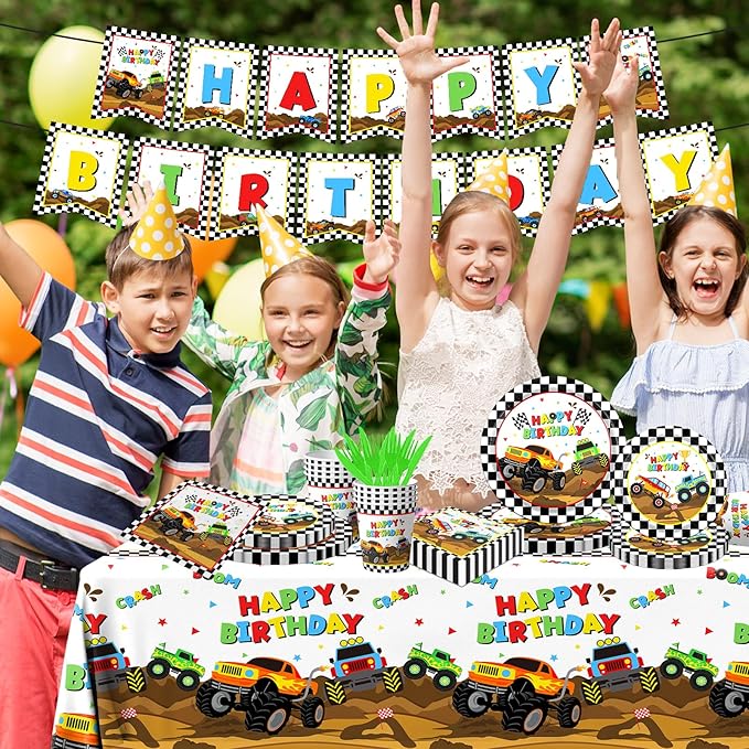 Monster Truck Party Supplies,Monster Machine Happy Birthday Checkered Tableware Sets Include Monster Trucks Theme Party Paper Plate Napkins for Monster Truck Birthday Party Decorations
