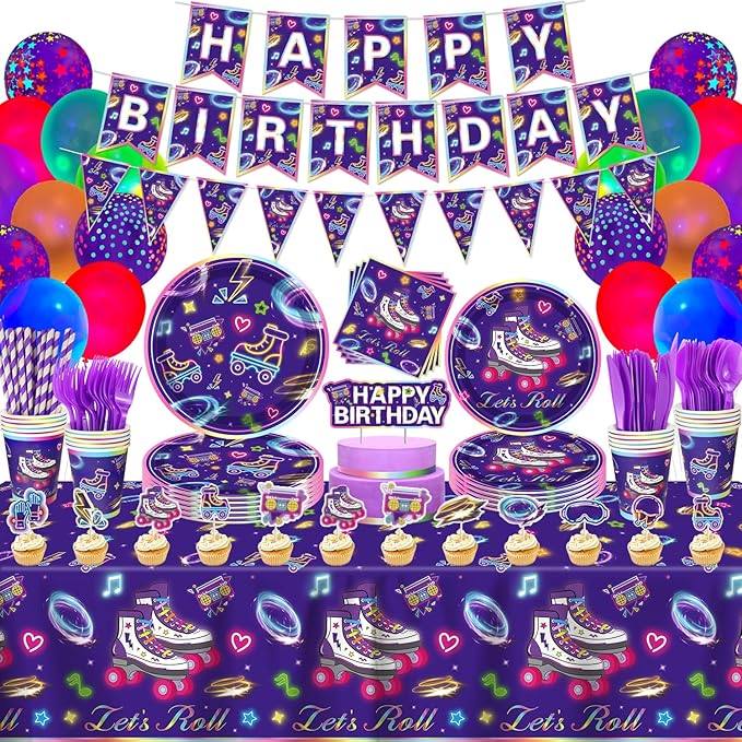 199 Pack Roller Skating Party Supplies Roll Theme Birthday Decoration Roller Skate Birthday Party Tableware Set Let's Roll Birthday Party Packs Serves 20, Purple