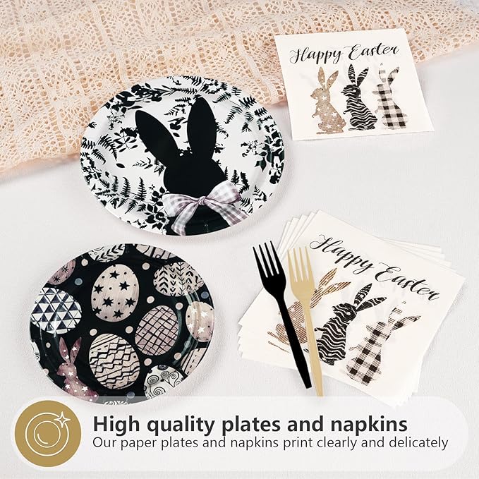 96Pcs Easter Bunny Decorations Easter Bunny Eggs Plates and Napkins Black and White Rabbit Eggs Disposable Tableware for Spring Outdoor Home Party Decorations