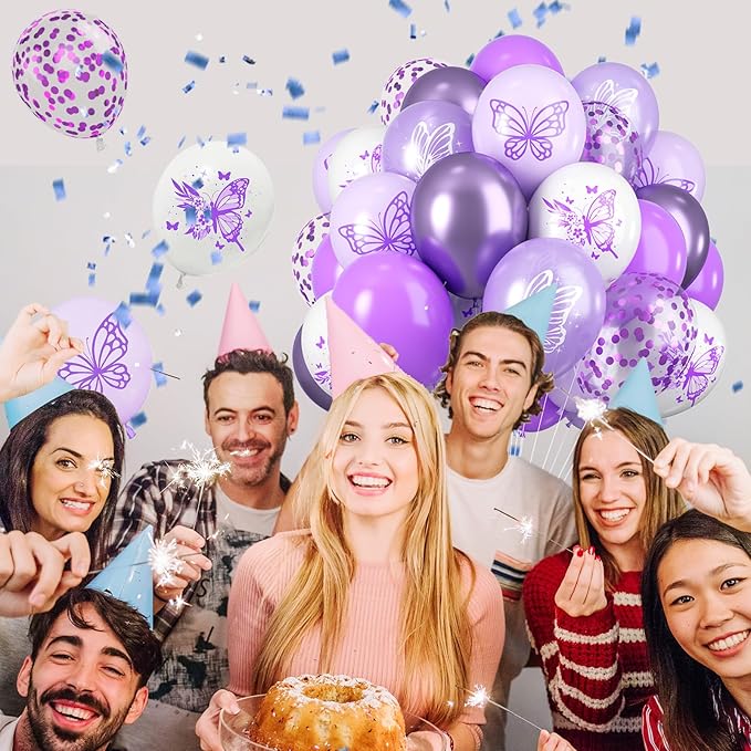 Purple and White Latex Balloons - 12 Inch Butterfly Print for Girls, Women, Baby Shower, Birthday Party, Graduation Decorations