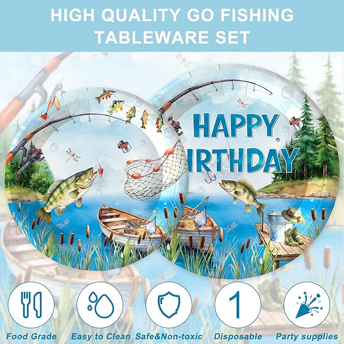 120Pcs Fishing Party Supplies,Disposable Tableware Set,Include Plates Napkins Cups Forks,Little Fisherman Themed Paper Plates Set for Birthday Serves 20