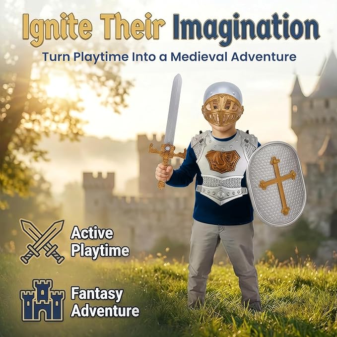 Liberty Imports Medieval Knight in Shining Armor, Kids Crusader Pretend Role Play Plastic Costume Dress Up Cosplay with Toy Swords, Axe, Shield, Weapons & Accessories Playset