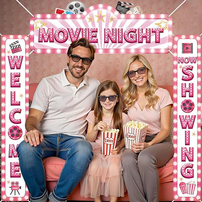 3Pcs Pink Movie Night Porch Banner Decoration Movie Theme Party Decorations Movie Theater Welcome Now Showing Door Banner Porch Sign Door Decor for Girls Film Theater Birthday Party Supplies