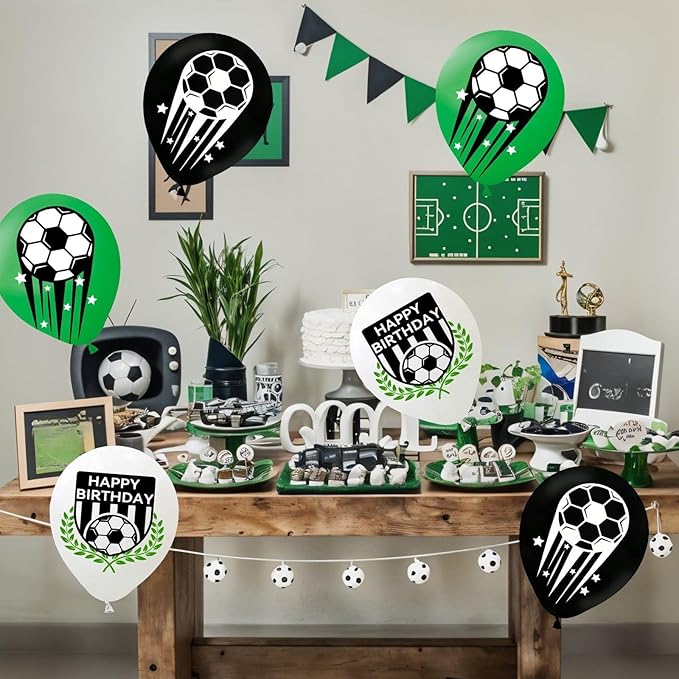 Soccer Balloons, 60Pcs 12 Inch Green White Black Soccer Party Latex Balloons for Kids Boy Soccer Birthday Sport Party Decorations Sports Themed Graduation Baby Shower Party Supplies