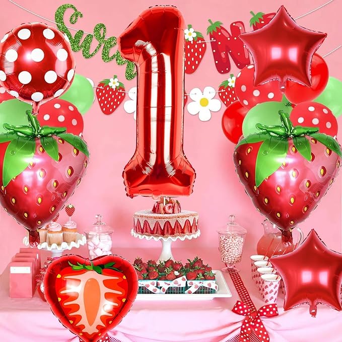 Berry First Birthday Party Supplies,Berry First Birthday Balloon for Strawberry 1st Birthday Decorations Strawberry Foil Balloons Birthday Party Decorations for Girls