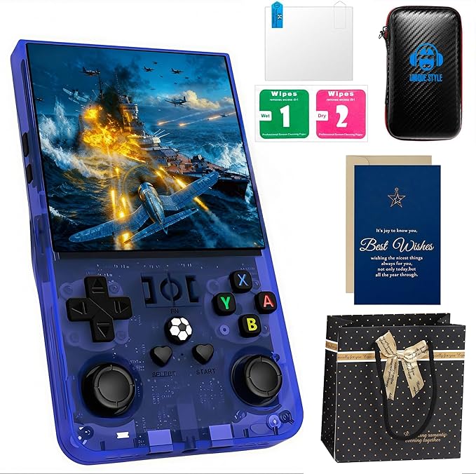 R36Max Retro Handheld Game Console Premium Gift Set (with Star Card & Black Gold Bag),4" IPS Screen,128GB 21000+Games,Portable Handheld Linux System for Adults (Blue*128Gb)