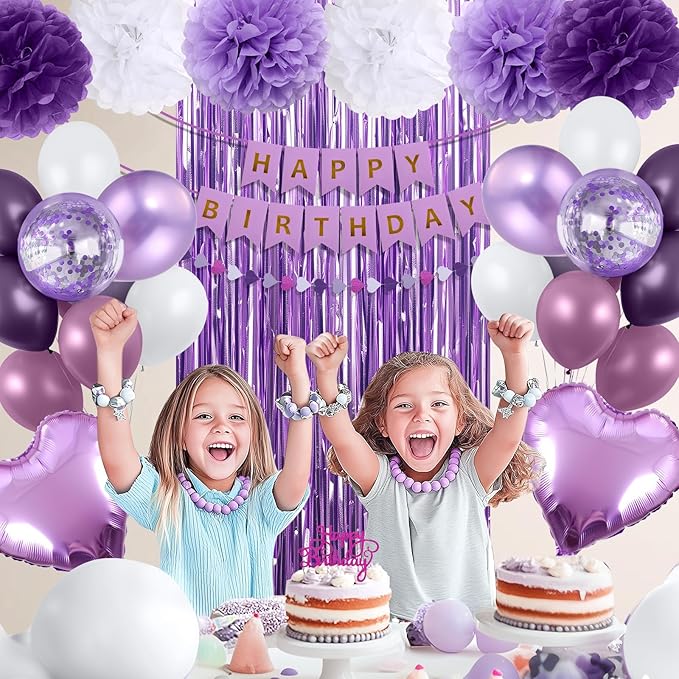 Purple Birthday Decorations for Women, Happy Birthday Party Decorations, Happy Birthday Banner, Purple Balloons, Foil Fringe Curtains, Tissue Paper Pompoms, Heart Garland, Party Decor for Girls