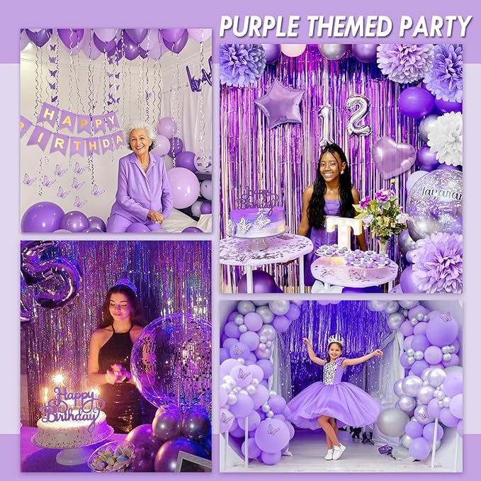 Purple Birthday Decorations, Happy Birthday Party Decorations with Happy Birthday Banner Butterfly Purple Balloons Pom Poms Foil Fringe Curtain for Party Birthday Decor