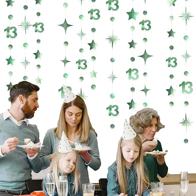 Sage Green 13th Birthday Decorations Number 13 Circle Dot Twinkle Star Garland Metallic Hanging Streamer Banner Backdrop Girls Boys 13 Years Old Birthday Thirteen Official Teenager Party Supplies