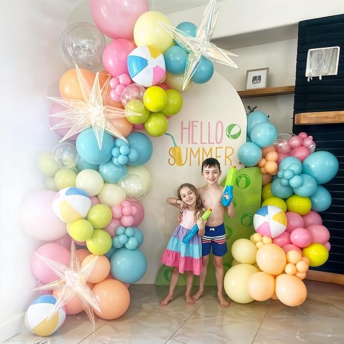 Summer Tropical Balloon Arch Garland Kit Iridescent Star Balloons and Transparent Balloon Teal Pastel Pink Orange Yellow Lime Green Balloons for Hawaiian Luau Aloha Birthday Pool Party Decor