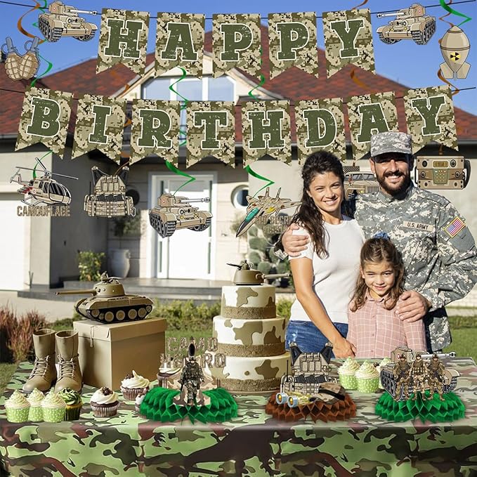 Army Birthday Party Decorations Include Camo Happy Birthday Banners Hanging Swirls Honeycomb Centerpieces Military Birthday Theme Party Supplies