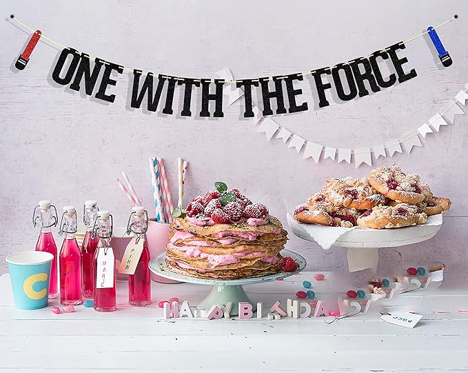 One with The Force Banner, Happy 1st Birthday Decors, Baby Boy First Birthday Party Supplies Black Red Blue Glitter