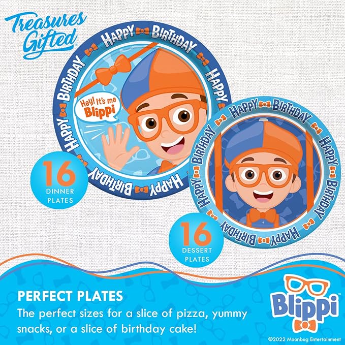 Treasures Gifted Officially Licensed Blippi Birthday Party Supplies - Serves 16 Guests - Complete Set Party Supplies - Blippi Birthday Decorations, Plates, Banner & More