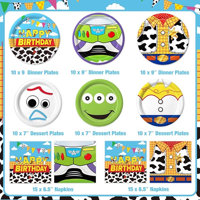 90Pcs Cartoon Birthday Party Supplies Cartoon Plates Napkins Tableware for Toy Theme Birthday Decor for 30 Guests