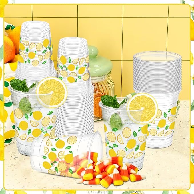 50Pcs Lemon Cups, 12oz Lemon Clear Plastic Cups for Yellow Fruit Themed Party Decorations Baby Shower Birthday Summer Lemonade Party Supplies