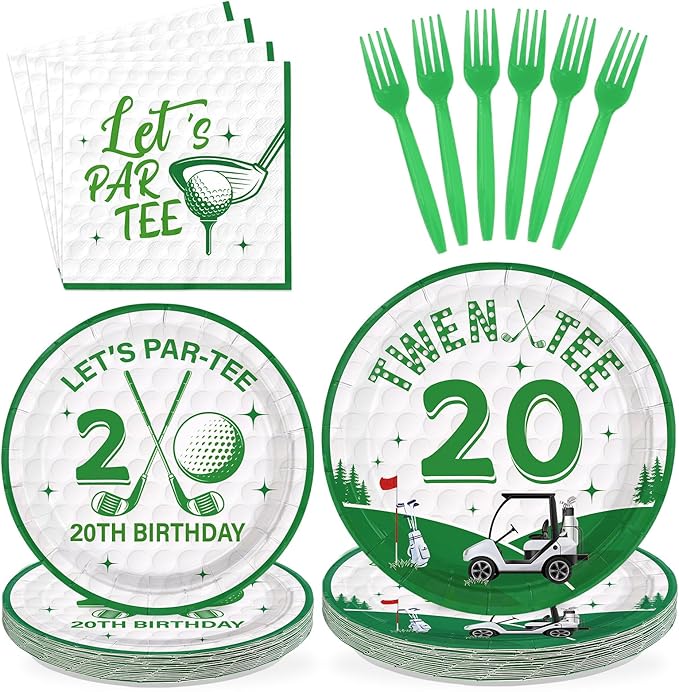 96Pcs Masters Golf Party Decoration Golf 20th Birthday Plates and Napkins White Green Disposable Paper Tableware Set for Player 20 Year Old Birthday Masters Party Supplies Serves 24