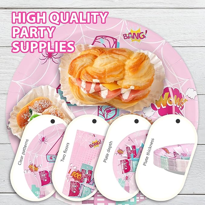 Grencian 96 Pcs Pink Spider Birthday Party Supplies Spider Web 4th Birthday Paper Plates Super Girl Hero Party Decorations Tableware for Kids Girls Four Year Old Party Decorstions Serves 24