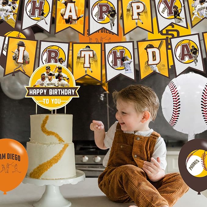 Baseball Team San-Diego Party Decorations,Birthday Party Supplies For Baseball Team San-Diego Party Supplies Includes Banner - Cake Topper - 12 Cupcake Toppers - 18 Balloons