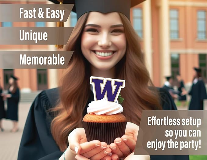 Washington Cupcake Topper Party Supplies for Football, Birthday, Graduation Party Decorations (24 Pieces) (Washington Huskies)