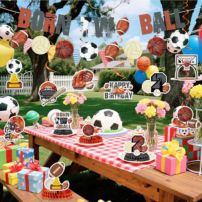 Born 2 Ball Birthday Decorations Include Born Two Ball Banners Hanging Swirls Honeycomb Centerpiece Ball 2nd Birthday Sports Theme Party Supplies for Boys