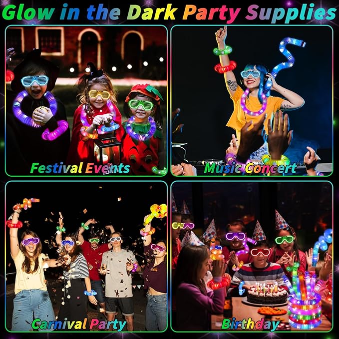 60 Pcs Glow in the Dark Party Supplies 30 LED Light Up Glasses 30 Glow Sticks LED Party Favors Light Up Pop Tubes Flash Glasses LED Bracelet Necklace for Birthday Wedding Goodie Bag