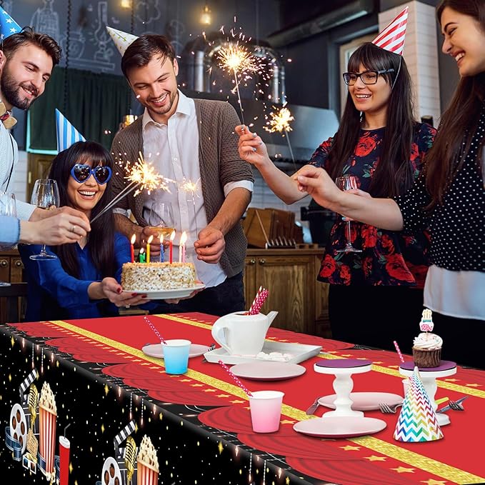 Buryeah 3 Pieces Movie Night Tablecloth Plastic Table Covers Movie Theater Table Cloth for Party Supplies Red Carpet Birthday Party Decor, 54 x 108 Inch