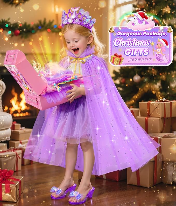Jeowoqao Princess Dress Up Clothes for Little Girls, Dress Up Shoes Pretend Play Unicorn Mermaid Costumes, Tutu Skirt, Princesss Cape Crown Wand Accessories Toys Christmas Gifts for Girl Kids3 4 5 6