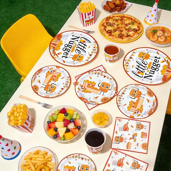 96Pcs Chicken Nugget Themed Party Decoration Chicken Nugget Plates and Napkins Fast Food Fried Chick Tableware Set for Baby Shower Boy Girl birthday Party Supplies, Serves 24