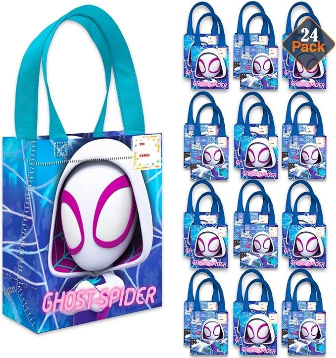 Marvel Ghost Spider Party Favor Bags Set – 24 Pack 8" Spiderverse Goodie Bags for Girls Bulk Reusable Mini Totes | Spidey and Friends Ghost Gwen Birthday Party Supplies